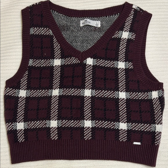 Hollister Preppy Women's V-Neck Plaid Sweater Vest - Burgundy & White - Picture 1 of 6